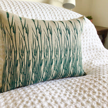 Load image into Gallery viewer, Large linen pillow with grasses print in teal blue/ green colour