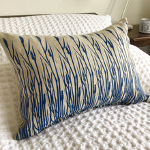 Load image into Gallery viewer, Large linen pillow with grasses print in ultramarine blue