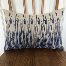 Load image into Gallery viewer, Large linen pillow with grasses print in ultramarine blue colour