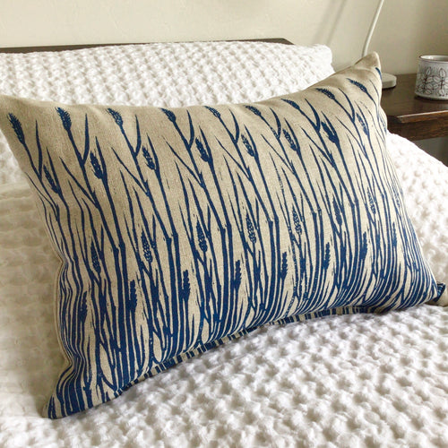Large linen pillow with grasses print in ultramarine blue